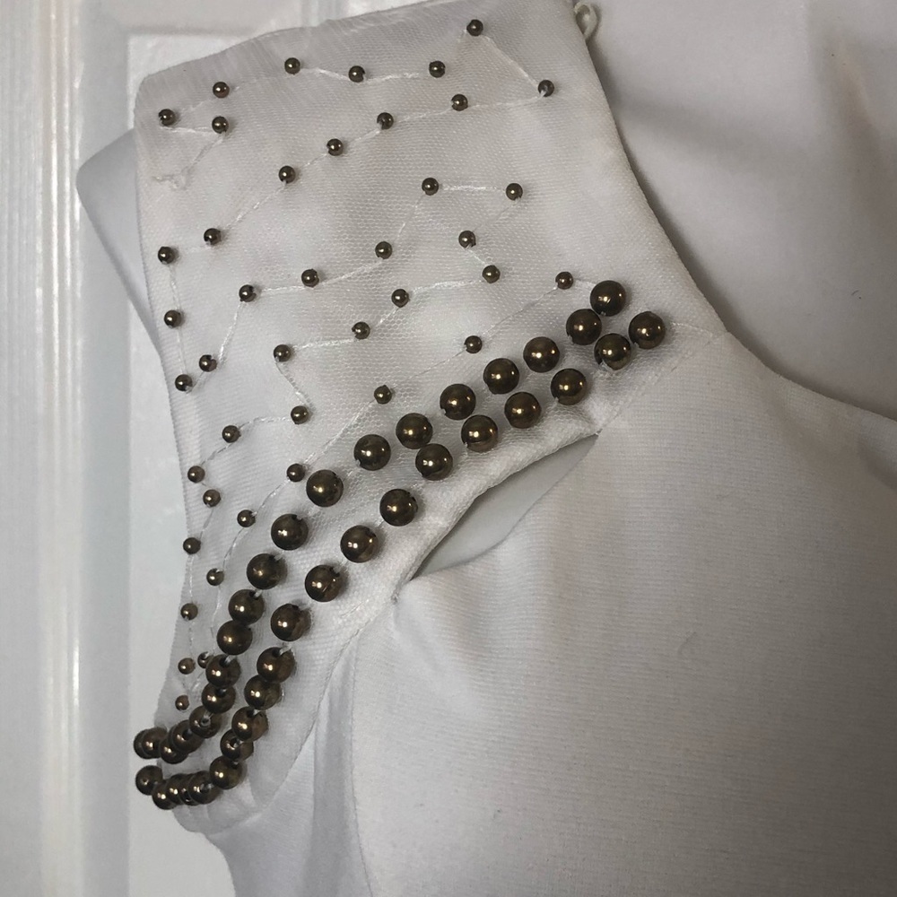 Ruby Rox Cream Colored Lined Sleeveless Dress with Gold Beads. Size 13 - Picture 7 of 12